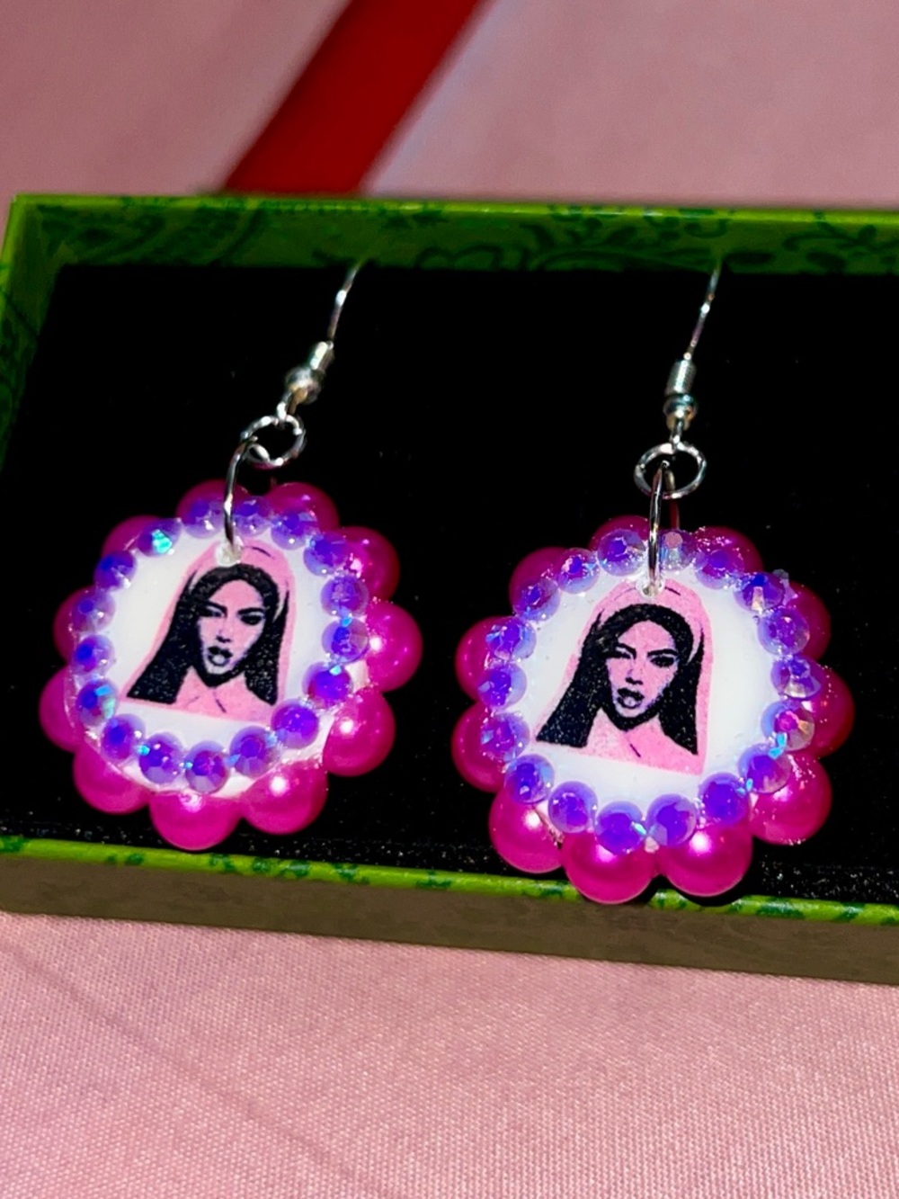 Handmade Y2K Neon Nun Portrait Clay Earrings